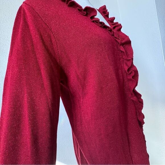 Belle by Kim Gravel Red Cardigan Metallic Thread Ruffle Zip Up SZ M NWT - Picture 11 of 16